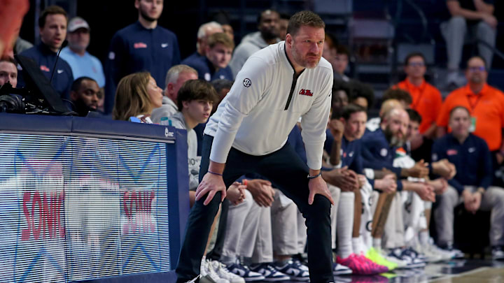 Feb 11, 2026; Oxford, Mississippi, USA; Mississippi Rebels head coach Chris Beard looks on during the first half against the Alabama Crimson Tide at The Sandy and John Black Pavilion at Ole Miss. Mandatory Credit: Petre Thomas-Imagn Images