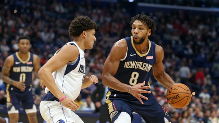 Oct 25, 2019; New Orleans, LA, USA; New Orleans Pelicans center Jahlil Okafor (8) controls the ball defended by Dallas Mavericks forward Justin Jackson (44) in the first quarter at the Smoothie King Center. Mandatory Credit: Chuck Cook-Imagn Images Oct 25, 2019; New Orleans, LA, USA; New Orleans Pelicans center Jahlil Okafor (8) controls the ball defended by Dallas Mavericks forward Justin Jackson (44) in the first quarter at the Smoothie King Center. Mandatory Credit: Chuck Cook-Imagn Images