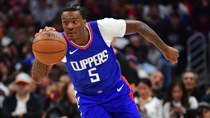 Mar 12, 2024; Los Angeles, California, USA; Los Angeles Clippers guard Bones Hyland (5) moves the ball up court against the Minnesota Timberwolves during the second half at Crypto.com Arena. Mar 12, 2024; Los Angeles, California, USA; Los Angeles Clippers guard Bones Hyland (5) moves the ball up court against the Minnesota Timberwolves during the second half at Crypto.com Arena.
