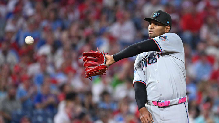 Sep 23, 2025; Philadelphia, Pennsylvania, USA; Miami Marlins pitcher Edward Cabrera (27) gets a new baseball during the first inning against the Philadelphia Phillies at Citizens Bank Park. Mandatory Credit: Eric Hartline-Imagn Images
