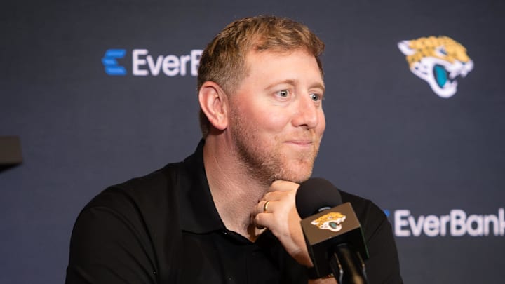 Apr 25, 2025; Jacksonville, FL, USA; Jacksonville Jaguars head coach Liam Coen talks to the media during a press conference to introduce first round draft pick Travis Hunter (not pictured) at Miller Electric Center. Mandatory Credit: Travis Register-Imagn Images