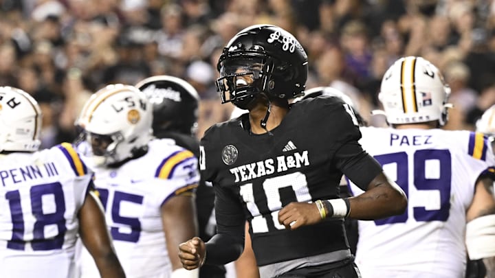 Oct 26, 2024; College Station, Texas, USA; Texas A&M Aggies quarterback Marcel Reed (10) reacts against the LSU Tigers during the third quarter. The Aggies defeated the Tigers 38-23; at Kyle Field. Mandatory Credit: Maria Lysaker-Imagn Images. 