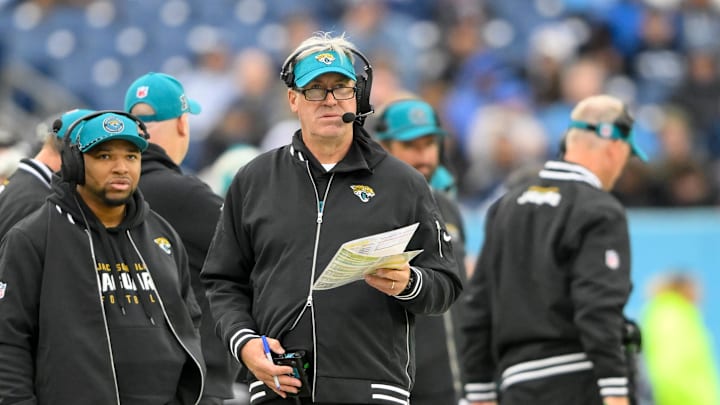 Dec 8, 2024; Nashville, Tennessee, USA;  Jacksonville Jaguars head coach Doug Pederson paces the sidelines against the Tennessee Titans during the first half at Nissan Stadium. Mandatory Credit: Steve Roberts-Imagn Images