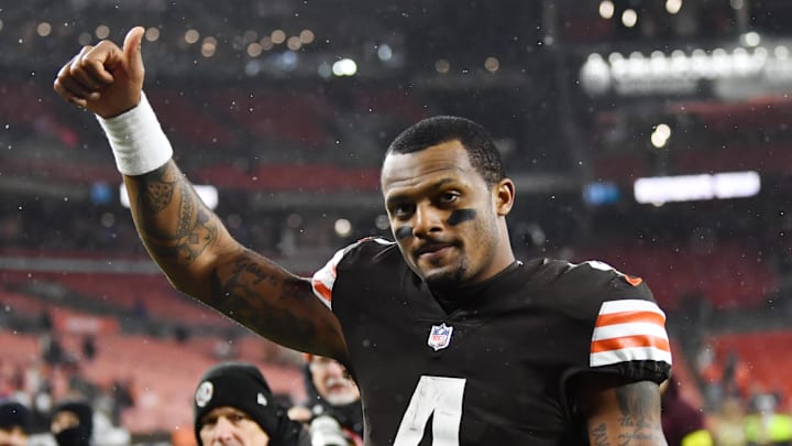 Dec 17, 2022; Cleveland, Ohio, USA; Cleveland Browns quarterback Deshaun Watson (4) celebrates after