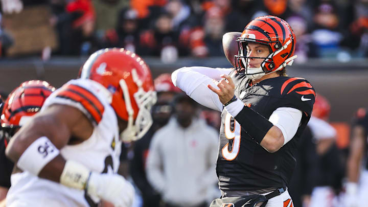 Jan 4, 2026; Cincinnati, Ohio, USA; Cincinnati Bengals quarterback Joe Burrow (9) passes against the Cleveland Browns during the second quarter at Paycor Stadium. Mandatory Credit: Joseph Maiorana-Imagn Images