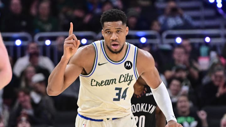 Nov 29, 2025; Milwaukee, Wisconsin, USA; Milwaukee Bucks forward Giannis Antetokounmpo (34) reacts after scoring his 21,000th career point in the third quarter against the Brooklyn Nets at Fiserv Forum. Mandatory Credit: Benny Sieu-Imagn Images Nov 29, 2025; Milwaukee, Wisconsin, USA; Milwaukee Bucks forward Giannis Antetokounmpo (34) reacts after scoring his 21,000th career point in the third quarter against the Brooklyn Nets at Fiserv Forum. Mandatory Credit: Benny Sieu-Imagn Images
