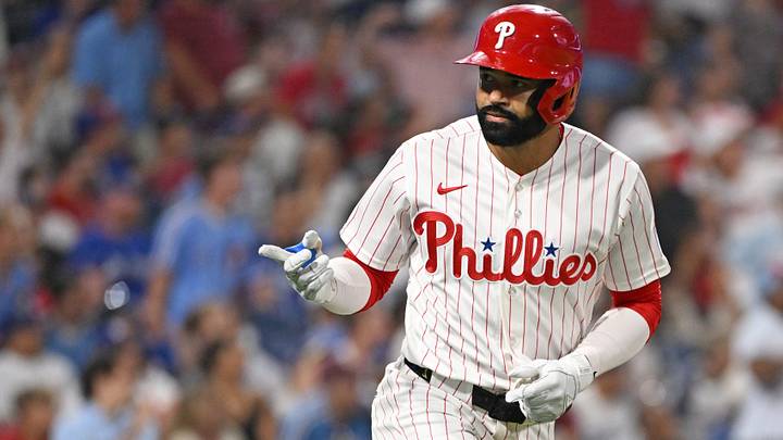 Jul 20, 2026; Philadelphia, Pennsylvania, USA; Philadelphia Phillies right fielder Derek Hill (49) celebrates his home run during the eighth inning against the Los Angeles Dodgers at Citizens Bank Park. Mandatory Credit: Eric Hartline-Imagn Images Jul 20, 2026; Philadelphia, Pennsylvania, USA; Philadelphia Phillies right fielder Derek Hill (49) celebrates his home run during the eighth inning against the Los Angeles Dodgers at Citizens Bank Park. Mandatory Credit: Eric Hartline-Imagn Images