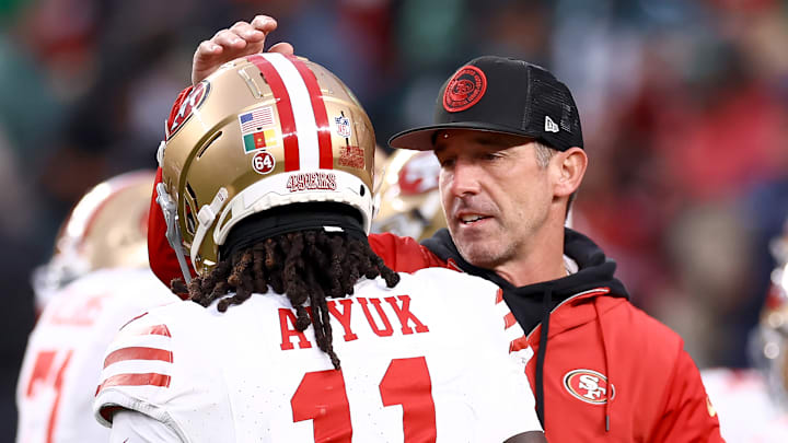 San Francisco 49ers wide receiver Brandon Aiyuk (L) and head coach Kyle Shanahan (R) San Francisco 49ers wide receiver Brandon Aiyuk (L) and head coach Kyle Shanahan (R)