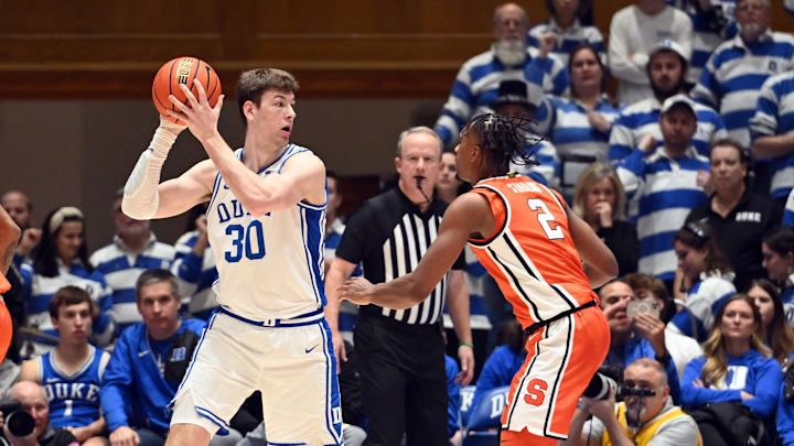 Jan 2, 2024; Durham, North Carolina, USA;  Duke Blue Devils center Kyle Filipowski (30) controls the