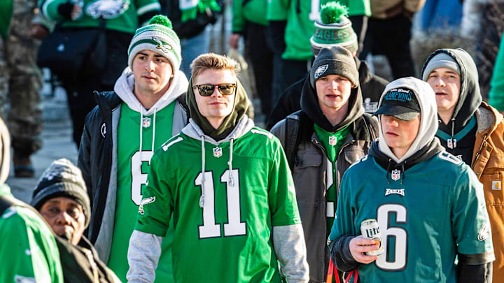 Fans celebrate the Philadelphia Eagles Super Bowl Championship with a parade along Benjamin Franklin Parkway set to end at the Philadelphia Museum of Art on Friday, Feb. 14, 2025.