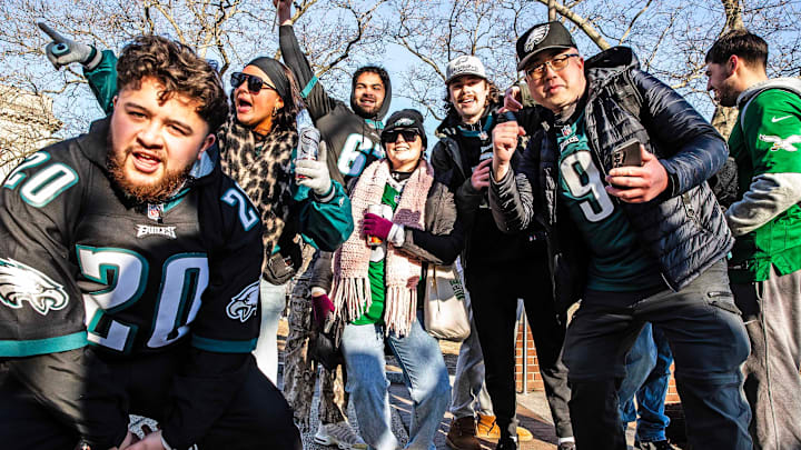 Fans celebrate the Philadelphia Eagles Super Bowl Championship with a parade along Benjamin Franklin Parkway set to end at the Philadelphia Museum of Art on Friday, Feb. 14, 2025.