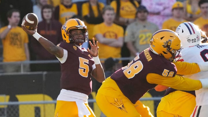 Nov 25, 2023; Tempe, Arizona, USA; Arizona State quarterback Jaden Rashada (5) throws a pass against