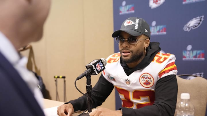 Feb 7, 2023; Scottsdale, AZ, USA;  Kansas City Chiefs safety Juan Thornhill answers questions during team media availability at Hyatt Regency Scottsdale Resort & Spa at Gainey Ranch. Mandatory Credit: Michael Chow-Imagn Images