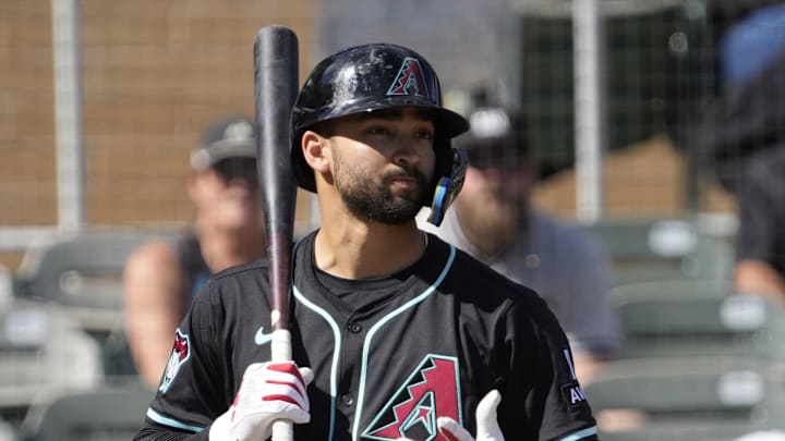 Arizona Diamondbacks shortstop Jordan Lawlar (10) prepares to bat against the Cleveland Guardians during a spring training game at Salt River Fields on Feb. 24, 2025.