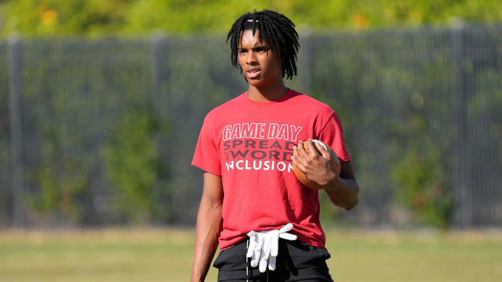 Brophy wide receiver Daylen Sharper waits for a drill during spring practice at Brophy Prep Sports Complex in Phoenix on April 22, 2024.
