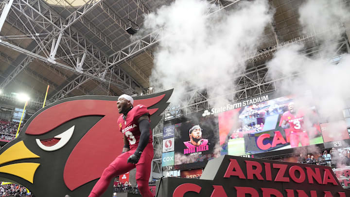 Arizona Cardinals safety Budda Baker (3) is introduced before playing against the Chicago Bears at State Farm Stadium on Nov 3, 2024, in Glendale.