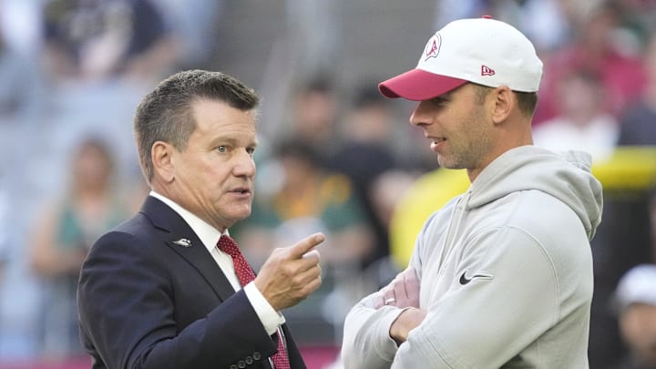 Arizona Cardinals owner Michael Bidwill talks with head coach Jonathan Gannon before playing against the New York Jets at State Farm Stadium in Glendale on Nov. 10, 2024.