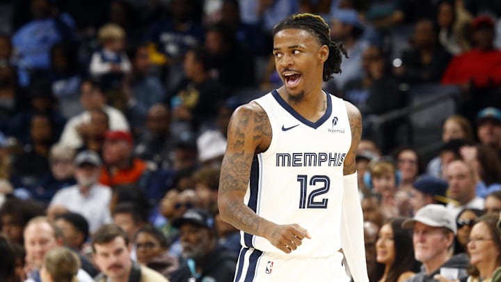 Oct 18, 2024; Memphis, Tennessee, USA; Memphis Grizzlies guard Ja Morant (12) reacts during the second half against the Miami Heat at FedExForum. Oct 18, 2024; Memphis, Tennessee, USA; Memphis Grizzlies guard Ja Morant (12) reacts during the second half against the Miami Heat at FedExForum.