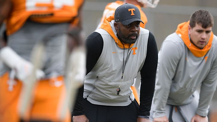 Tennessee running backs coach Jerry Mack during Tennessee football spring practice at Haslam Field in Knoxville, Tenn. on Tuesday, April 5, 2022.