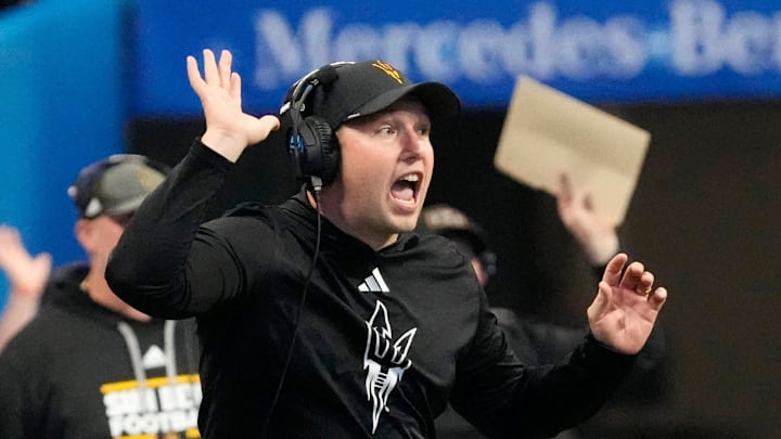 Arizona State head coach Kenny Dillingham calls a play against Texas during the fourth quarter in the Chick-fil-A Peach Bowl in Atlanta on Wednesday, Jan. 1, 2025.
