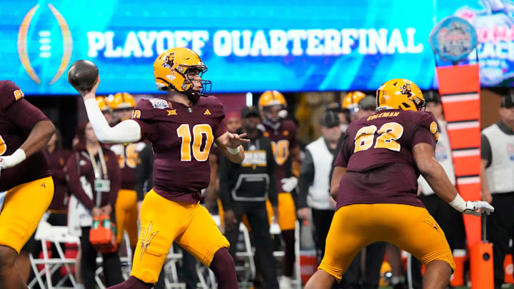 Arizona State quarterback Sam Leavitt (10) throws a pass against Texas during the first quarter of the Chick-fil-A Peach Bowl in Atlanta on Wednesday, Jan. 1, 2025.