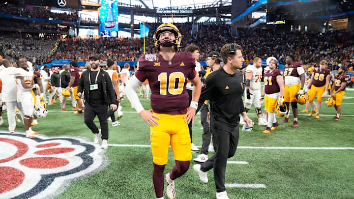 Arizona State quarterback Sam Leavitt (10) walks off the field after Texas won 39-31 over Arizona State in double overtime in the Chick-fil-A Peach Bowl in Atlanta on Wednesday, Jan. 1, 2025.