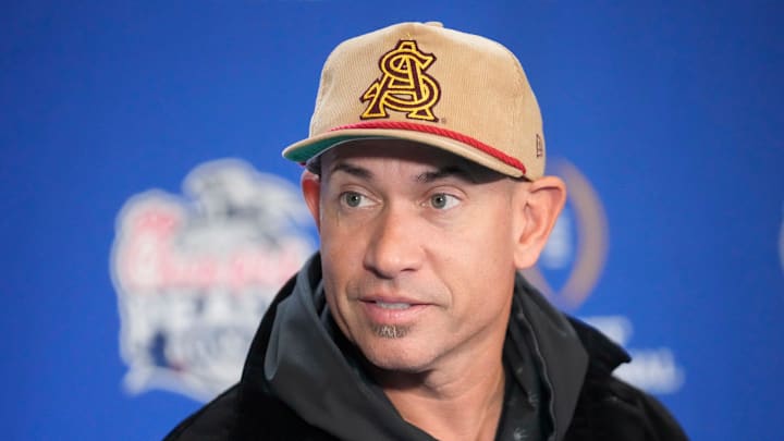 Arizona State offensive coordinator Marcus Arroyo answers questions during media day for the Chick-fil-A Peach Bowl in Atlanta on Monday, Dec. 30, 2024.