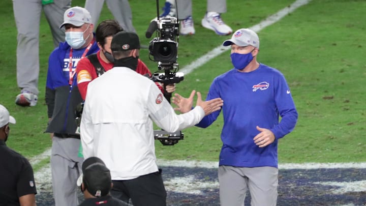 San Francisco 49ers head coach Kyle Shanahan and Buffalo Bills head coach Sean McDermott. San Francisco 49ers head coach Kyle Shanahan and Buffalo Bills head coach Sean McDermott.