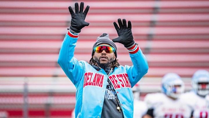 New Delaware State head coach, and former Philadelphia Eagle, DeSean Jackson gives instructions during the Red-White intrasquad spring football game at Alumni Stadium in Dover on April 12, 2025.