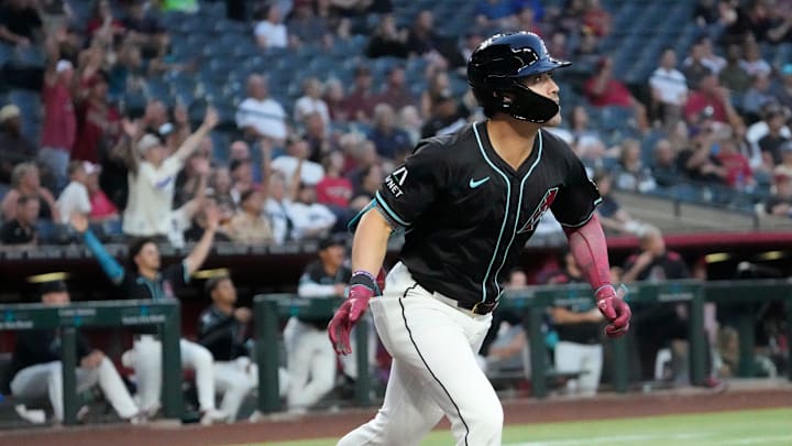 Arizona Diamondbacks’ Corbin Carroll (7) drops his bat after connecting for a solo home run against the Tampa Bay Rays during the first inning at Chase Field Apr 23, 2025, in Phoenix.