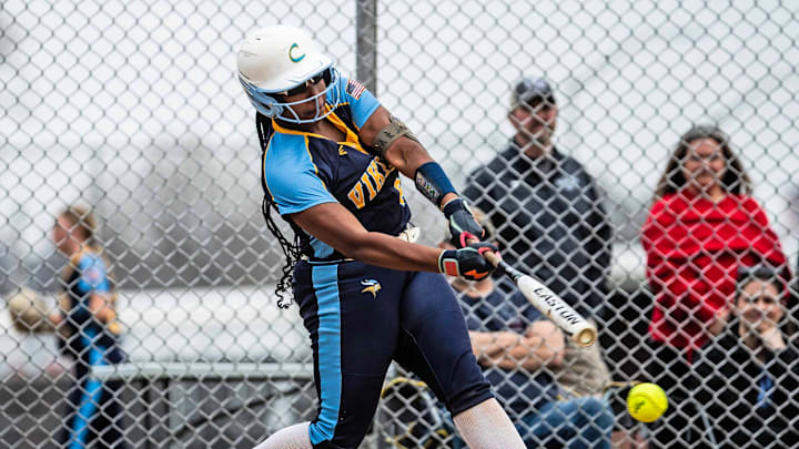 Cape Henlopen freshman Jordynn	Bowe (24) hits the ball against William Penn during the softball game at William Penn in New Castle, Saturday, March 29, 2024. Cape Henlopen won 23-1.