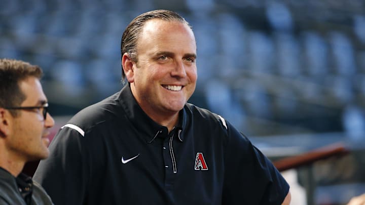 Arizona Diamondbacks president Derrick Hall watches batting practice at Chase Field in Phoenix on October 3, 2017.