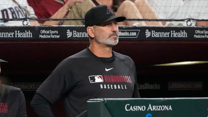 Arizona Diamondbacks manager Torey Lovullo watches his team play against the Tampa Bay Rays during the fifth inning at Chase Field on April 23, 2025, in Phoenix.