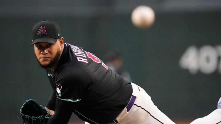 Arizona Diamondbacks pitcher Eduardo Rodriguez (57) throws against the Tampa Bay Rays during the first inning at Chase Field on April 23, 2025, in Phoenix.