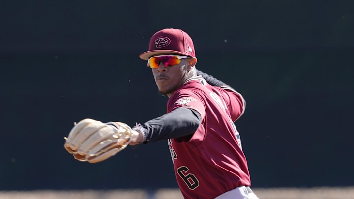Diamondbacks minor league infielder Manuel Pena throws during a select training camp at Salt River Fields on Feb. 21, 2022.

Baseball Diamondbacks Select Minor League Camp