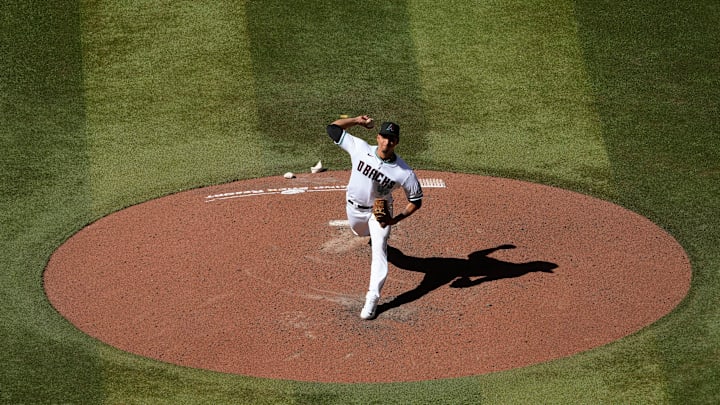 Arizona Diamondbacks relief pitcher Carlos Vargas (45) throws during the seventh inning of a game on April 9, 2023, against the Los Angeles Dodgers at Chase Field in Phoenix.