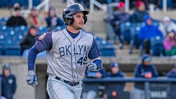 Brooklyn Cyclones infielder Nick Lorusso (48) runs for first base after hitting the ball against the Wilmington Blue Rocks during the 2024 South Atlantic League baseball season opener at Frawley Stadium in Wilmington Friday, April 5, 2024. Blue Rocks won 4-1.
