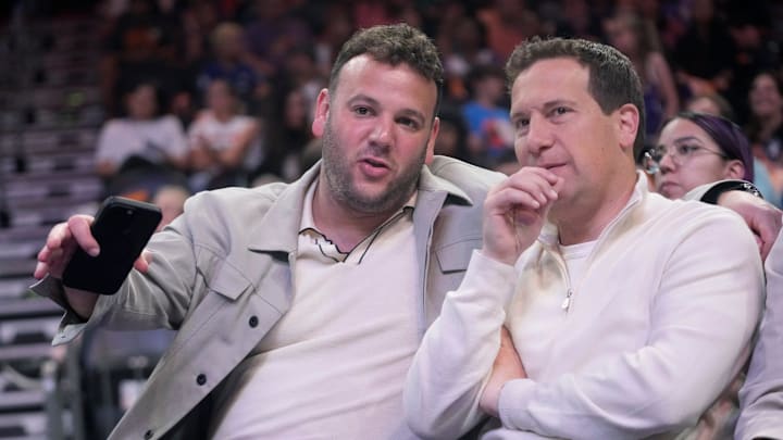 Phoenix Mercury CEO Josh Bartlestein (left) talks with team owner Mat Ishbia during the second quarter against the Washington Mystics at PHX Arena on May 25, 2025.
