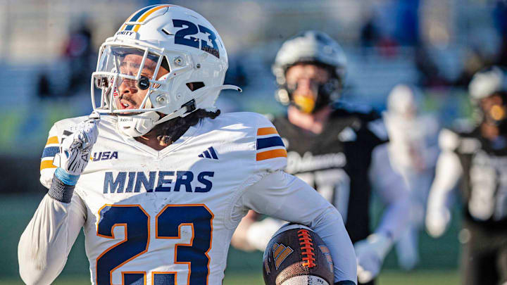UTEP wide receiver Wondame Davis Jr. (23) takes it to the end zone against Delaware during the Conference USA football season finale at Delaware Stadium in Newark on Nov. 29, 2025. Delaware won 61-31.