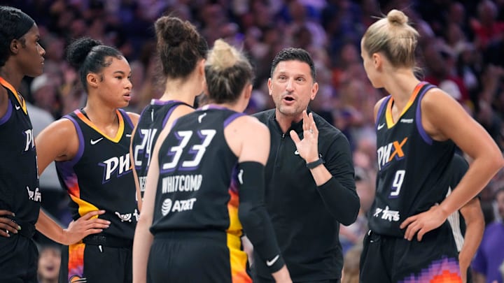 Phoenix Mercury head coach Nate Tibbetts talks to his players during the first quarter against the Las Vegas Aces at PHX Arena Jun 29, 2025.