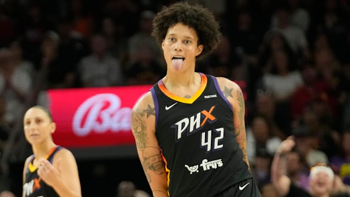 Phoenix Mercury center Brittney Griner (42) celebrates a basket against the Indiana Fever during the third quarter at Footprint Center in Phoenix on June 30, 2024.
