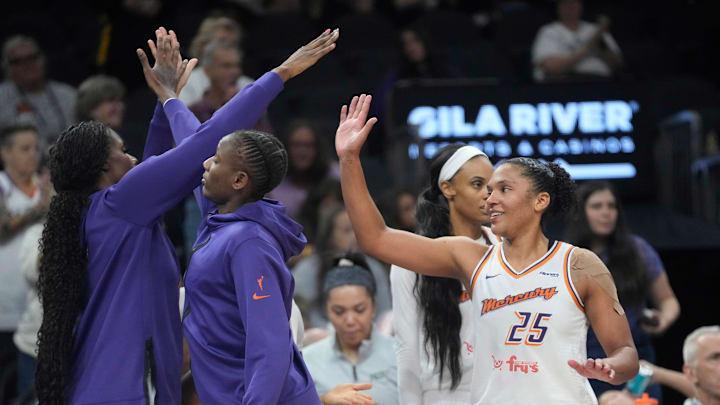 Phoenix Mercury forward Alyssa Thomas (25) celebrates their 82-66 win against the Connecticut Sun in Phoenix, at PHX Arena on Aug 5, 2025.