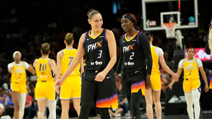 Phoenix Mercury guard Diana Taurasi (3) laughs with guard Kahleah Copper (2) after being fouled against the Los Angeles Sparks during the fourth quarter on Sunday, June 2, 2024, at Footprint Center in Phoenix. Phoenix Mercury guard Diana Taurasi (3) laughs with guard Kahleah Copper (2) after being fouled against the Los Angeles Sparks during the fourth quarter on Sunday, June 2, 2024, at Footprint Center in Phoenix.
