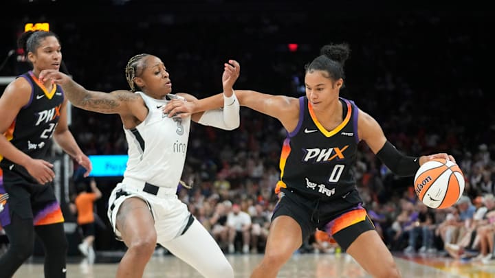 Phoenix Mercury forward Satou Sabally (0) is defended by Las Vegas Aces guard Tiffany Mitchell (3) during the third quarter at PHX Arena Jun 29, 2025.