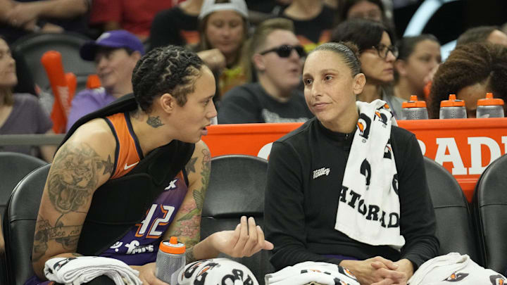 Phoenix Mercury center Brittney Griner (42) and guard Diana Taurasi talk during the second quarter against the Las Vegas Aces at Footprint Center on Sept. 1, 2024, in Phoenix.