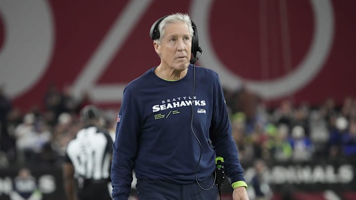Seattle Seahawks head coach Pete Carroll watches his team play against the Arizona Cardinals during the third quarter at State Farm Stadium in Glendale on Jan. 7, 2024.