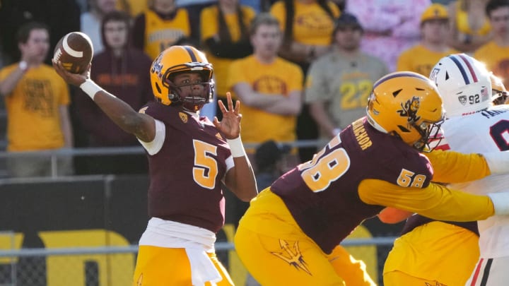 Arizona State quarterback Jaden Rashada (5) throws a pass against Arizona during the third quarter Arizona State quarterback Jaden Rashada (5) throws a pass against Arizona during the third quarter