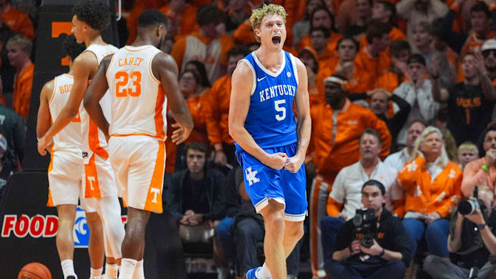Kentucky guard Collin Chandler (5) celebrates as Kentucky takes the lead from Tennessee during a game between the Tennessee Volunteers and Kentucky Wildcats at Thompson-Boling Arena at Food City Center in Knoxville, Tenn., on Jan. 17, 2026.