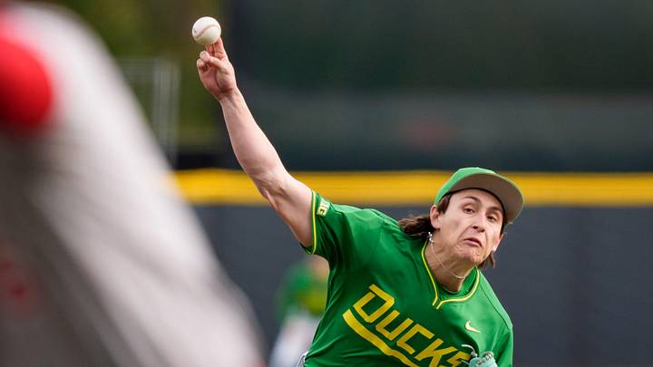 Oregon pitcher Will Sanford throws a pitch as the Oregon Ducks host the Youngstown State Penguins on Feb. 20, 2026, at PK Park in Eugene, Oregon. Oregon pitcher Will Sanford throws a pitch as the Oregon Ducks host the Youngstown State Penguins on Feb. 20, 2026, at PK Park in Eugene, Oregon.