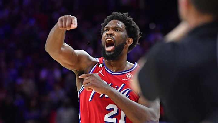 Mar 10, 2023; Philadelphia, Pennsylvania, USA; Philadelphia 76ers center Joel Embiid (21) celebrates win against the Portland Trail Blazers at Wells Fargo Center. Mandatory Credit: Eric Hartline-Imagn Images